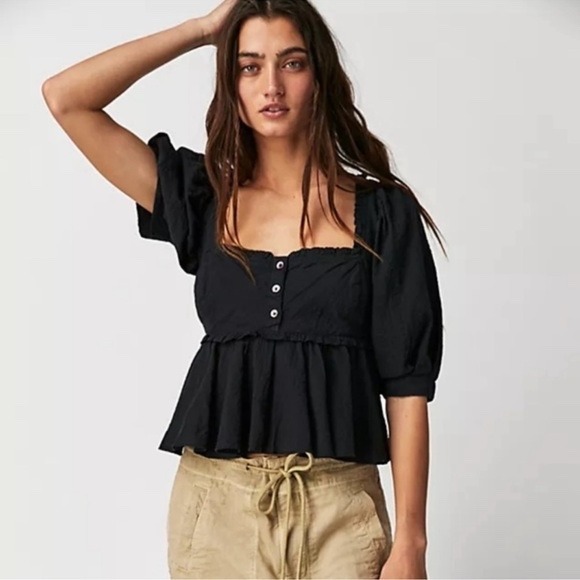 Free People Tops - Free People Black Leave It To Me Ruffled Peplum Babydoll Cropped Top Women's XS